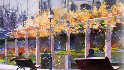 watercolor painting of park in Paris